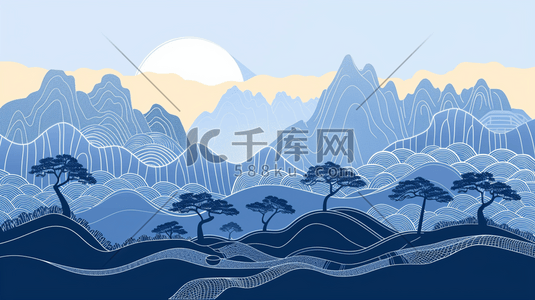 丛山山林日落中国山水插画