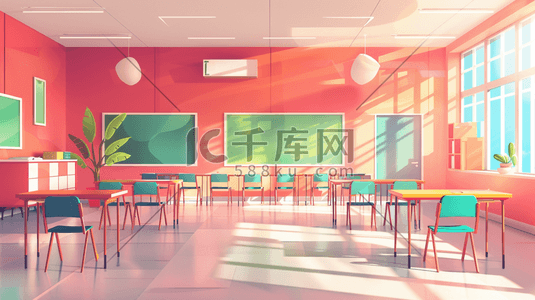彩色灯光插画图片_绘画彩色教室内阳光照射黑板桌椅绿植的插画