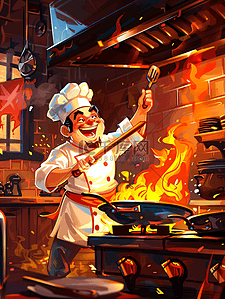 美食插画图片_正在炒菜的厨师插画2
