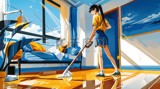 做家务插画图片_打扫房间的女孩插画5