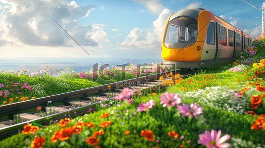 花海插画图片_鲜花草地上的铁轨上行驶的列车插画