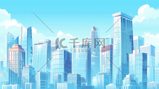 蓝色调城市高楼大厦插画