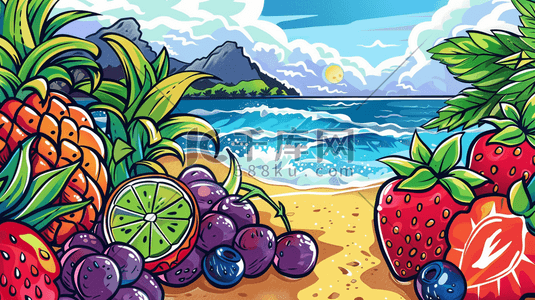 夏季冷饮水果插画图片_夏日鲜果与海滩插画