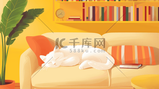 睡眠的插画图片_躺在沙发上的睡觉的白猫插画