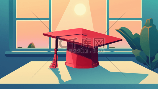 绘画毕业季室内桌面上博士帽的插画