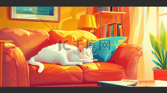 趴在心上插画图片_躺在沙发上的睡觉的白猫插画