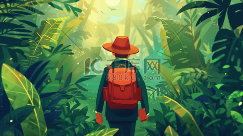 背着背包在丛林中探险的人的背影插画