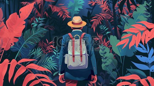 植物的人插画图片_背着背包在丛林中探险的人的背影插画