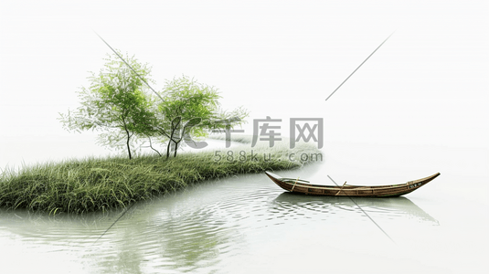 写意植物插画图片_山涧湖泊中的小船插画