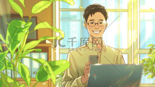 帆布袋手提插画图片_办公室里的看着笔记本电脑微笑的工程师插画