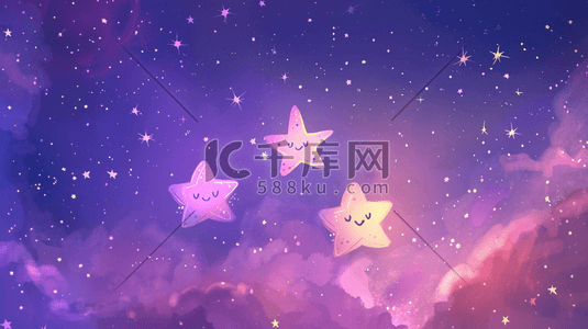 可爱紫色插画图片_淡紫色夜空的云团与可爱的星星插画