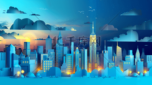 美国城市插画图片_纽约市中心高楼大厦剪纸插画