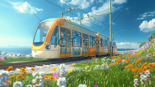 旅客列车插画图片_鲜花草地上的铁轨上行驶的列车插画