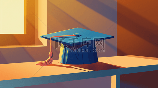 毕业季博士帽插画图片_绘画毕业季室内桌面上博士帽的插画