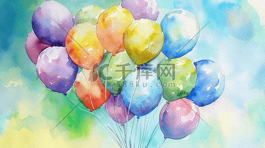 五彩水花插画图片_水彩缤纷唯美五彩气球的插画
