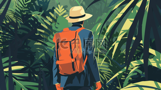 背着箱子插画图片_背着背包在丛林中探险的人的背影插画