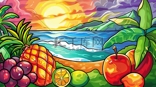 夏季冷饮水果插画图片_夏日鲜果与海滩插画