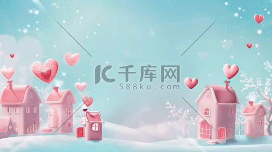 心形形动物插画图片_雪地上粉色小房子和心形气球插画