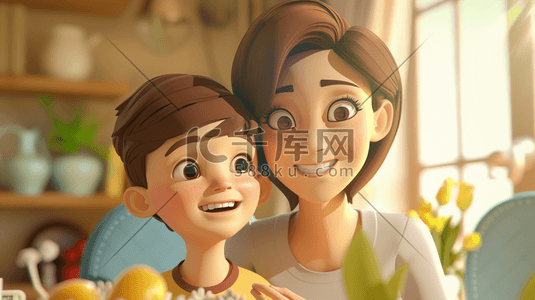 3D妈妈和孩子幸福合照插画