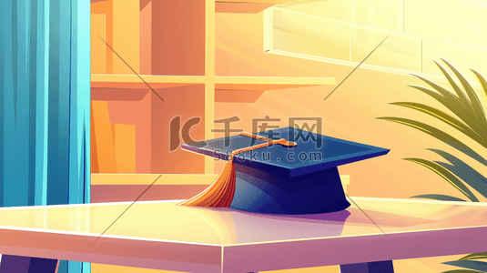 桌插画图片_绘画毕业季室内桌面上博士帽的插画