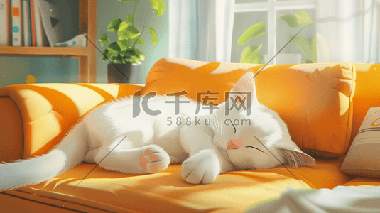 睡眠的插画图片_躺在沙发上的睡觉的白猫插画