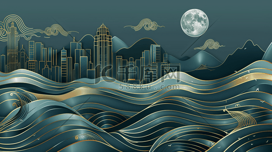 金剪纸插画图片_剪纸风江波和河对面的城市建筑插画