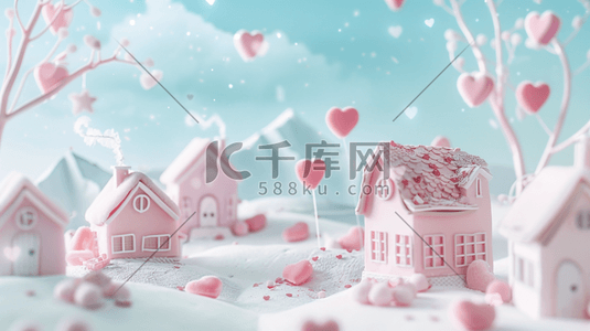 黑色心形背景插画图片_雪地上粉色小房子和心形气球插画