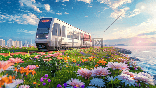 草地城市插画图片_鲜花草地上的铁轨上行驶的列车插画