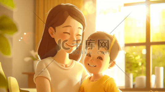 家人幸福插画图片_3D妈妈和孩子幸福合照插画