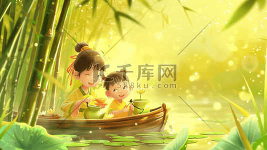 冰绿茶饮品插画图片_母亲和孩子在木船上喝绿茶插画
