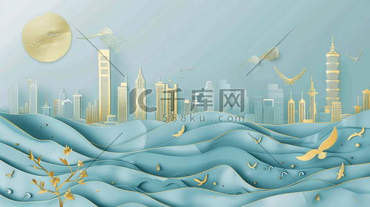 波波插画图片_剪纸风江波和河对面的城市建筑插画