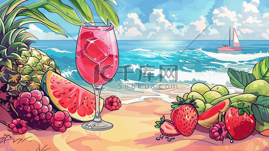 夏日沙滩特饮插画图片_夏日鲜果与海滩插画