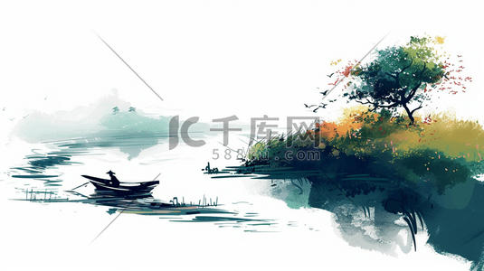 河流湖泊插画图片_山涧湖泊中的小船插画