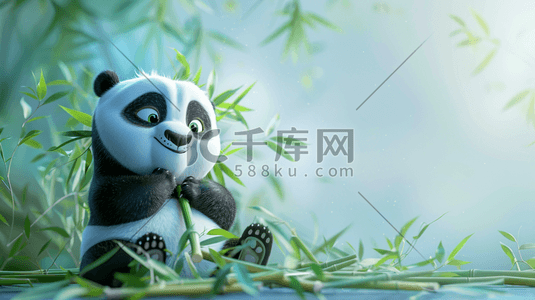 黑白插画图片_可爱的熊猫吃竹子插画