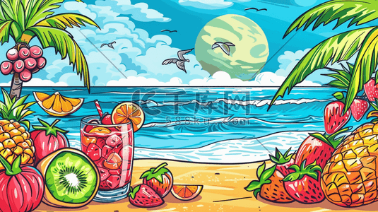 夏日冷饮插画图片_夏日鲜果与海滩插画
