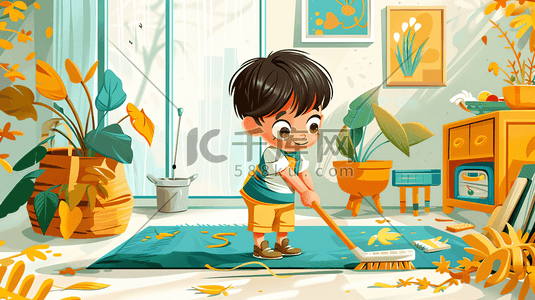整理房间插画图片_打扫房间的小男孩插画16