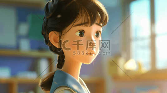 韩国屋角插画图片_一个3D年轻可爱的小女生插画