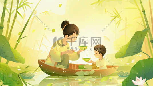 红茶功夫茶插画图片_母亲和孩子在木船上喝绿茶插画