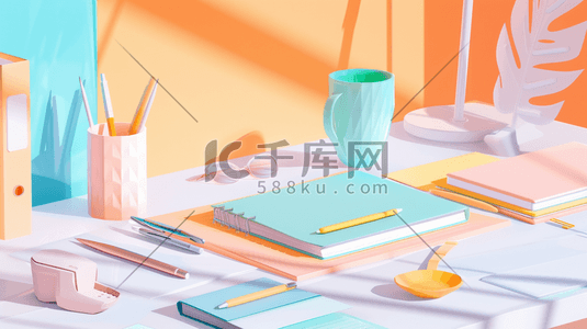 书台灯插画图片_唯美清新阳光室内书桌上书本台灯盆景的插画