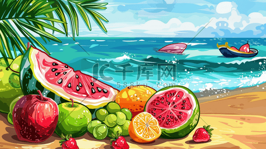 夏季冷饮水果插画图片_夏日鲜果与海滩插画