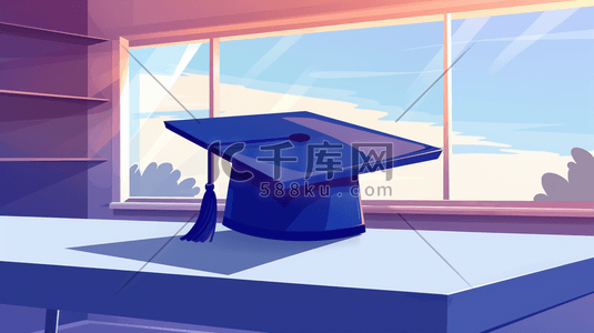 毕业帽插画图片_绘画毕业季室内桌面上博士帽的插画