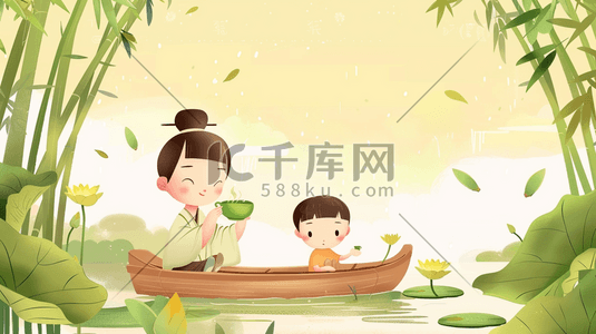 茶道插画图片_母亲和孩子在木船上喝绿茶插画