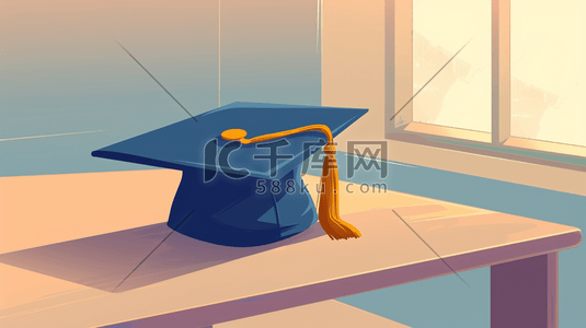 博士帽帽插画图片_绘画毕业季室内桌面上博士帽的插画