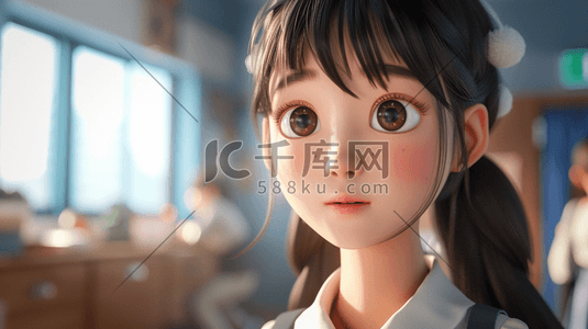 女生侧脸插画图片_一个3D年轻可爱的小女生插画