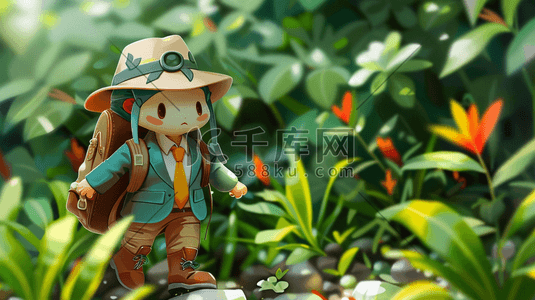 植物的人插画图片_3D背着背包在丛林中探险的人插画