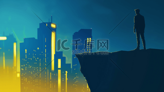 城市灯火夜景插画图片_一个男人站在悬崖边看着城市的高楼插画