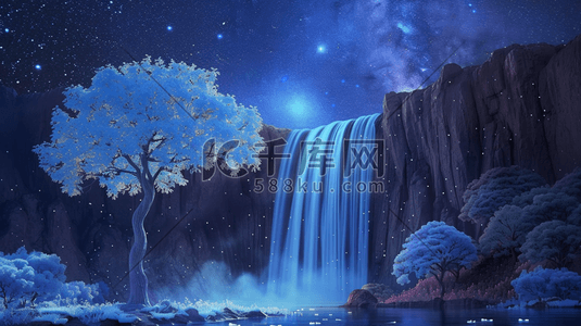 星空下的森林插画图片_夜间山林中星空下的瀑布插画