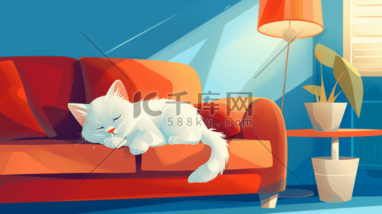 毛茸茸猫咪插画图片_躺在沙发上的睡觉的白猫插画