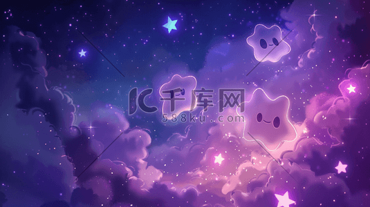 星星微笑插画图片_淡紫色夜空的云团与可爱的星星插画