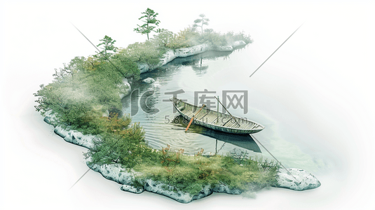 写意植物插画图片_山涧湖泊中的小船插画